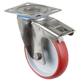 MAE-TR-SS-FST-PL-PU - Stainless steel transport castors, swivel castors with brakes and perforated plate, PU bandage